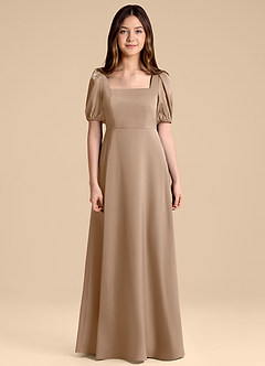 Azazie Briar Junior Taupe A-Line Bow Stretch Satin Dress image7