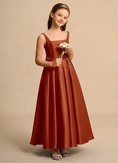 Azazie Mochi Girl Jurken voor bloemenmeisjes Baljurk Jurk van Mat Satijn Geplooid Paprika image4