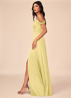 Azazie Ocean Bridesmaid Dresses Lemon Sorbet A-Line V-Neck Pleated Stretch Satin Dress image3
