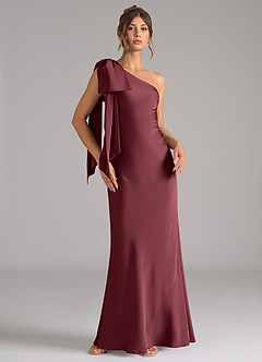 Azazie Capri Robes de demoiselle d'honneur Robe Sirène en Satin extensible Ue épaule Merlot image1