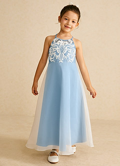 Azazie Ladybug Blumenmädchenkleider A-Linie Spitze Organza Kleid Stahlblau image2