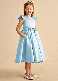 Azazie Dumpling vestidos de niña de las flores Vestido de Azul Cielo de Satin Mate de Corte En A con Lazo image4