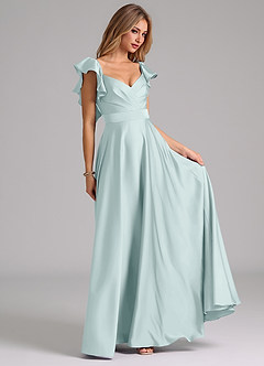 Azazie Leilani Bridesmaid Dresses Mist A-Line Ruched Stretch Satin Dress image4