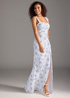 Azazie Jesaphine Bridesmaid Dresses Blue Cottage Floral Sheath Bow Chiffon Dress image5