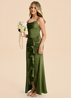 Azazie Rosalia Junior Olive Sheath Pleated Stretch Satin Dress image3