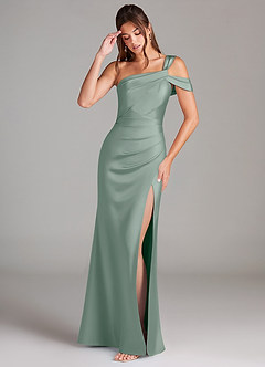 Azazie Wynter Vestidos de damas de honor Vestido de Salvia Plateada de Satén Elástico de Corte Recto con Hombro unilateral image3