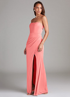 Azazie Leonis Bridesmaid Dresses Coral Sheath Strapless Mesh Convertible Dress image4