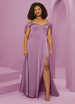 Barbie ♥ Azazie Bridesmaid Dresses Wisteria A-Line Off the Shoulder Stretch Satin Dress image8