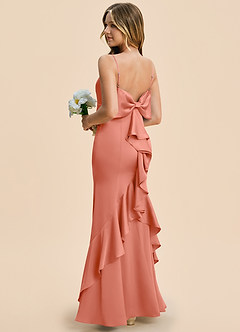 Azazie Lioren Junior Salmon Pink Sheath Bow Stretch Satin Dress image4