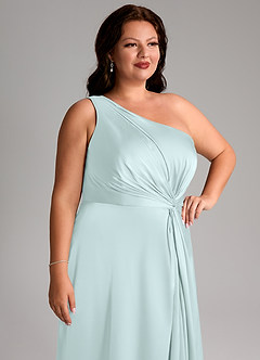 Azazie Brooke Bridesmaid Dresses Sea Glass A-Line One Shoulder Stretch Satin Dress image13