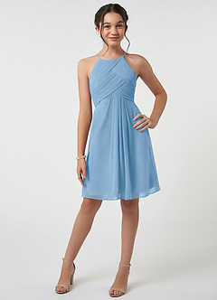 Azazie Ginny Junior Abito A-Line in Chiffon Plissettato Azzurro Polvere image1