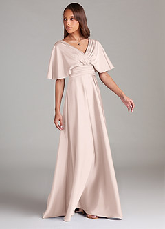 Azazie Pamela Robes de demoiselle d'honneur Robe Trapèze en Satin extensible Plissée Rose Pâle image3
