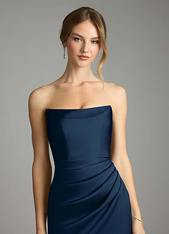 Azazie Leonis Bridesmaid Dresses Dark Navy Mermaid Pleated Stretch Satin Convertible Dress image4