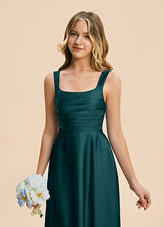 Azazie Azaria Junior Pine A-Line Pleated Stretch Satin Dress image7
