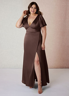 Azazie Lani Bridesmaid Dresses Ganache A-Line Flounce Sleeve Stretch Satin Dress image7