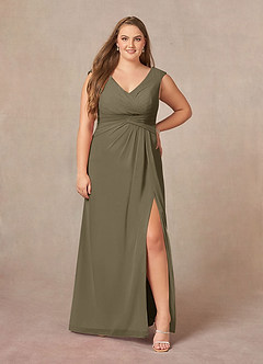 Azazie Sally vestidos de madre de la novia Vestido de Verde Sauce de Gasa de Corte En A con Cuello en V plisado image6