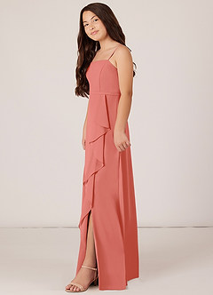 Azazie Kaylee Junior Salmon Pink A-Line with Belt Chiffon Dress image3