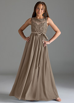 Azazie Elly Junior Taupe A-Line Lace Chiffon Dress image3