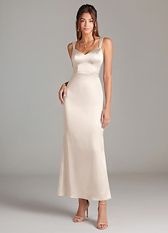 Azazie Denice Bridesmaid Dresses White Alabaster Sheath Pleated Stretch Satin Dress image3