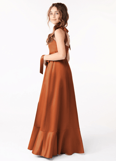 Azazie Barbara Junior Cinnamon A-Line Bow Stretch Satin Dress image2