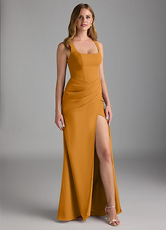 Azazie Mero Bridesmaid Dresses Butterscotch Sheath Pleated Chiffon Dress image1