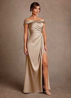 Azazie Bedford vestidos de madre de la novia Vestido de Gris Pardo de Satén Elástico de Corte Recto con Plisado image4