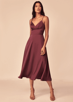 Azazie Dottie Jurken voor bruidsmeisjes Jurk van Stretch Satijn met A-Lijn Merlot image3
