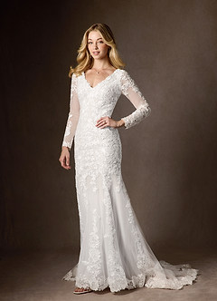 Azazie Dulce Amor Wedding Dresses Diamond White Mermaid V-Neck lace Tulle Dress image9