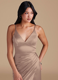 Azazie Shania Bridesmaid Dresses Taupe Sheath Pleated Metallic Satin Dress image3