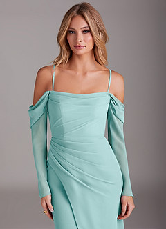 Azazie Hallie Bridesmaid Dresses Aqua Mermaid Long Sleeve Chiffon Dress image2