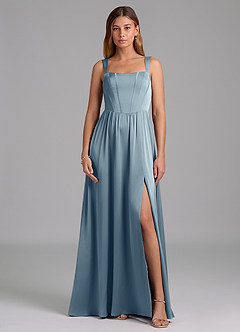 Azazie Rosaline Bridesmaid Dresses Dusty Blue A-Line Side Slit Stretch Satin Dress image3