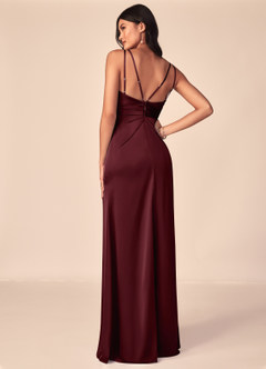 Azazie Aqua Bridesmaid Dresses Cabernet A-Line V-Neck Pleated Stretch Satin Dress image2