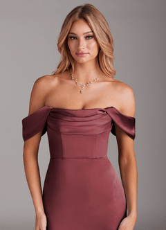 Azazie Saige Bridesmaid Dresses Merlot Sheath Off the Shoulder Stretch Satin Dress image7