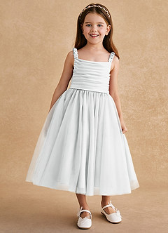 Azazie Gabbie Flower Girl Dresses Diamond White A-Line Pleated Matte Satin Dress image1
