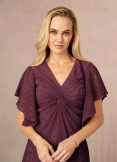 Azazie Mollina Mother of the Bride Dresses Berry A-Line Ruffle Flutter Sleeve Metallic Mesh Dress image4