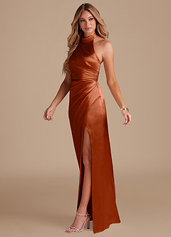 Azazie Jemma Bridesmaid Dresses Auburn Sheath Pleated Metallic Satin Dress image4