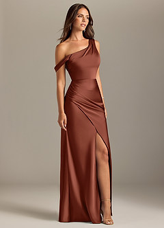 Azazie Madelyn Bridesmaid Dresses Clay Mermaid Off the Shoulder Stretch Satin Convertible Dress image4