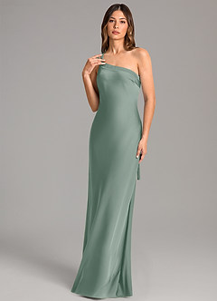 Azazie Monroe Bridesmaid Dresses Silver Sage Mermaid One Shoulder Stretch Satin Dress image1