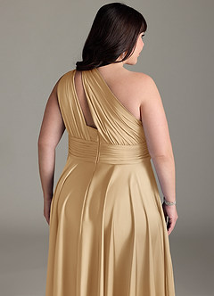 Azazie Charlize Bridesmaid Dresses Gold A-Line One Shoulder Stretch Satin Dress image8