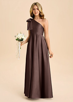 Azazie Penguin Junior A라인 절하다 스트레치 새틴 플로어 길이 주니어 신부 들러리 드레스 image5