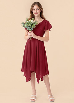 Azazie Janeaurelia Junior Pomegranate A-Line Pleated Chiffon Dress image3