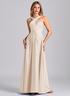 Azazie Dixie 신부 들러리 드레스 A라인 주름진 스트레치 새틴 바닥 길이 드레스 image4