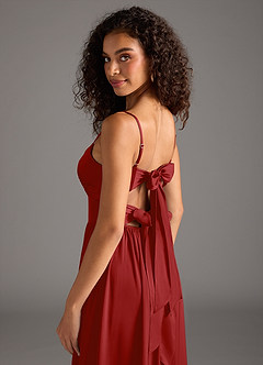 Azazie Zeya Bridesmaid Dresses Pomegranate A-Line Pleated Stretch Satin Dress image5