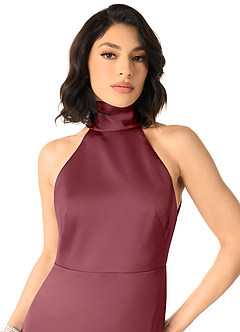 Azazie x Delaney Bridesmaid Dresses Desert Rose Sheath High Neck Stretch Satin Dress image3