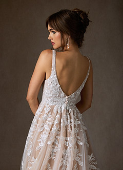 Azazie Sorella Wedding Dresses Diamond White Champagne A-Line V-Neck Sequins Tulle Dress image11