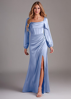 Azazie Charissa Bridesmaid Dresses Ice Sheath Long Sleeve Stretch Satin Dress image1