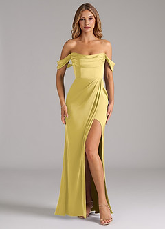 Azazie Johana Robes de demoiselle d'honneur Robe Sirène Convertible en Satin extensible Épaule décolletée Canari image3