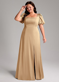 Azazie Fyona Bridesmaid Dresses Champagne A-Line Pleated Stretch Satin Dress image11