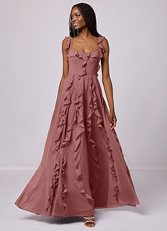 Barbie ♥ Azazie Robes de demoiselle d'honneur Robe Trapèze en Mousseline de soie avec poches Rose Du Désert image1