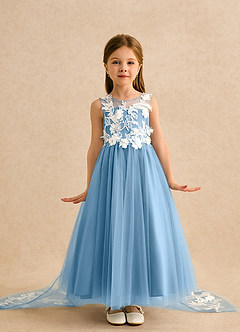 Azazie Mixie vestidos de niña de las flores Vestido de Azul Acero de Encaje de Corte Princesa image2
